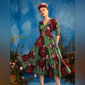 Frida Kahlo Vibrant Green and Red Floral Midi Ruffle Smocked Dress